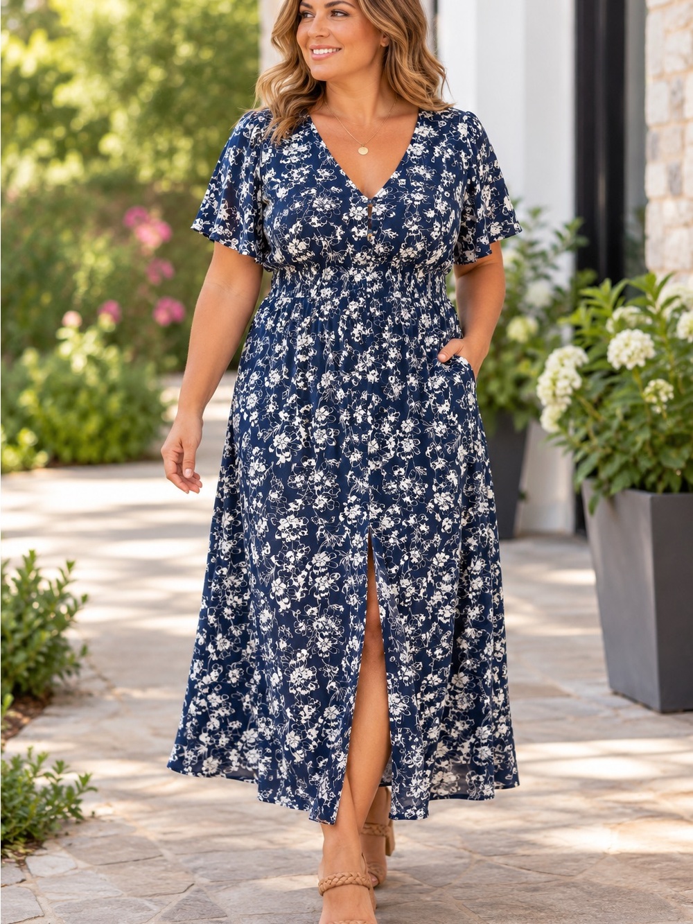 Studio B by Bobeau Floral Midi Dress in Blue & White Size Large Like New